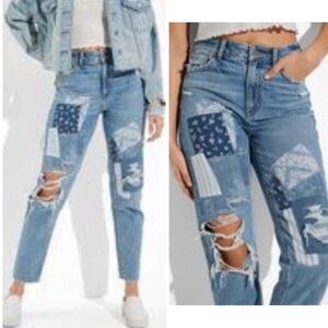 American Eagle Distressed Patch Mom High Rise Straight Leg Jeans denim Size